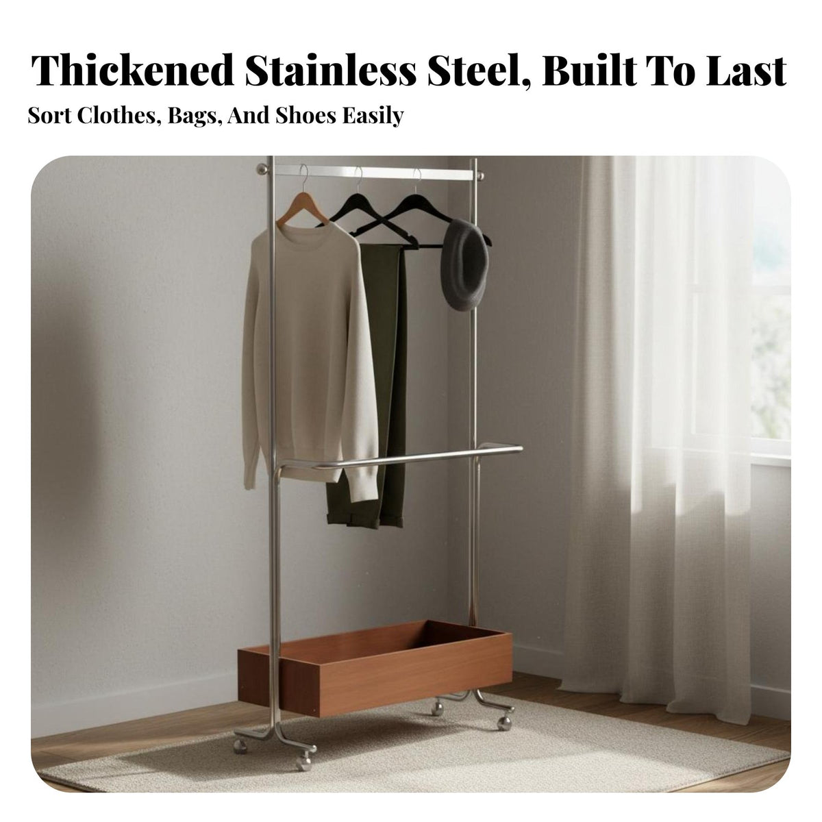 Minimalist Design Rolling Clothes Rack Rust Resistant Stainless Steel Garment Holder Long-Lasting & Sturdy Metal Clothing Hanging Rack Stable Load-Bearing for Students, Renters, Homeowners, Living Room, Entryway, Apartment, Dormitory