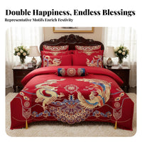4 Pieces Festive Red Color Embroidered serpent and firebird Bed Linen Traditional Wedding the couplee Bedding Set Auspicious Design Bedroom Linens plush texture for Newlyweds, Gift Givers, Families, Bridal Room