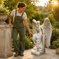 Seated Angel Figurine Antique Vintage-Look Pale Figure Statue Stepped Base Home Decor for Outdoor
