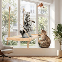 Wooden Cat Hammock Window Cat Perch, Suction Cup Cat Hammock Mounting, Wood Frame and Mesh Bed for Indoor Cat Window Sill