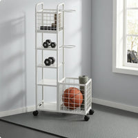 Carbon Steel Sports Equipment Rack Caster Wheels Wire Basket Rack Round Push Handles Shelving Cart Rectangular Frame