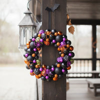 Halloween Ball Wreath Black Bead Wreath with Arachnids Metal-Effect Door Hanging for Mantel