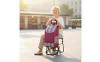 Ergonomic Handle Stair Climbing Trolley with Chair Large Capacity Rolling Grocery Trolley with Folding Seat for Elderly, Market