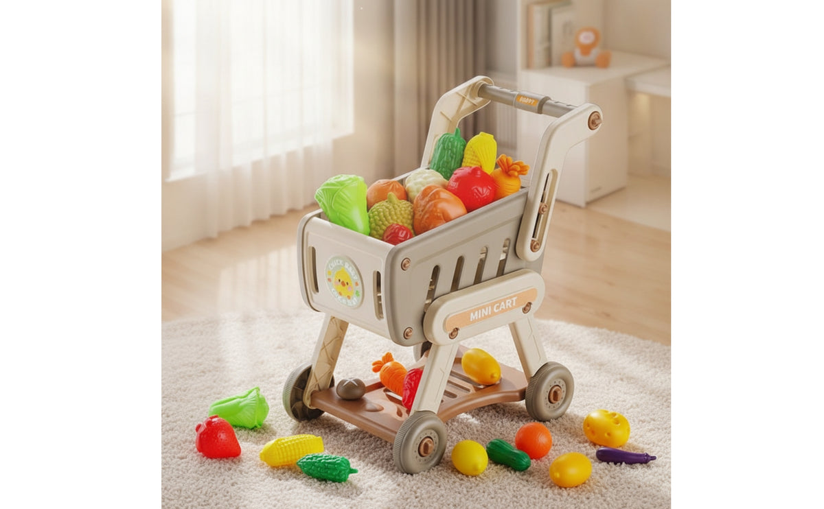 Toddler Toy Shopping Cart with Play Food Kids Shopping Cart Toy Easy-Push Grocery Cart Smooth-Rolling for Toddlers, Playroom