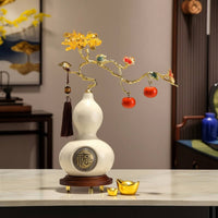 Glazed Gourd Statue with Wooden Base Oriental Ceramic Gourd Statue Traditional Tabletop Accent Gold-Tone for Homeowners, Art Collectors, Living Room, Entryway, Office
