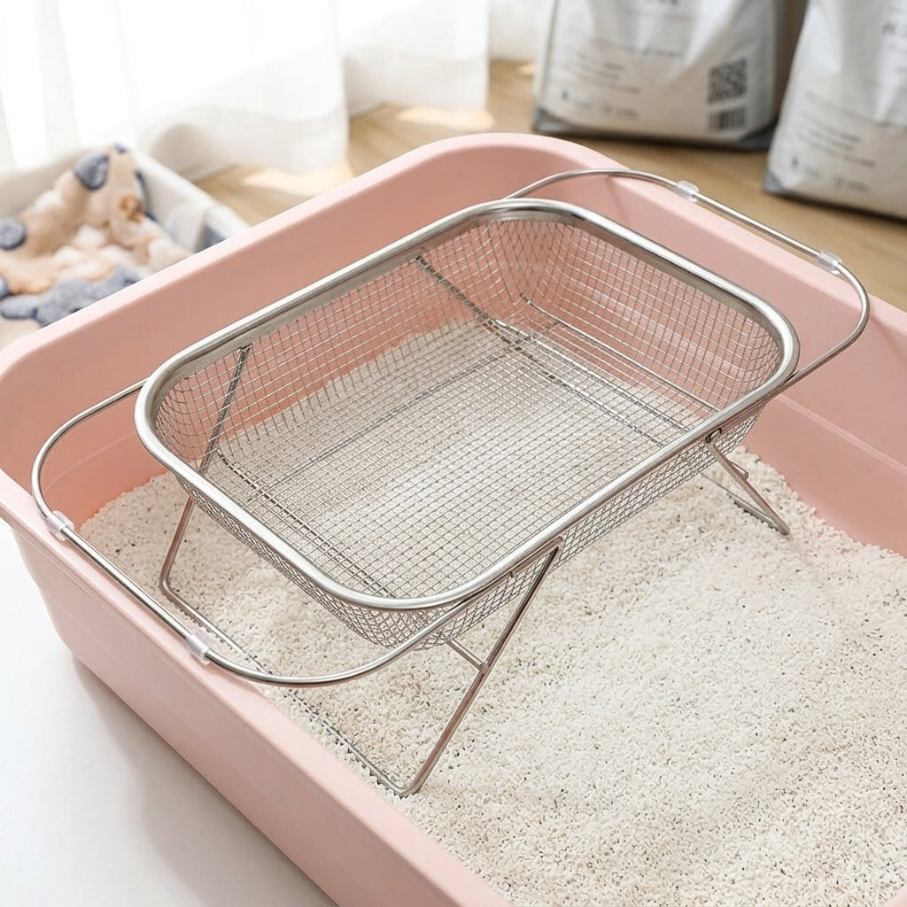 Litter Sifter and Stainless Steel Litter Scooper with Square Structure for Manual Cleaning, Fine Mesh Sifter for Adult Cats and Big Cat Owners