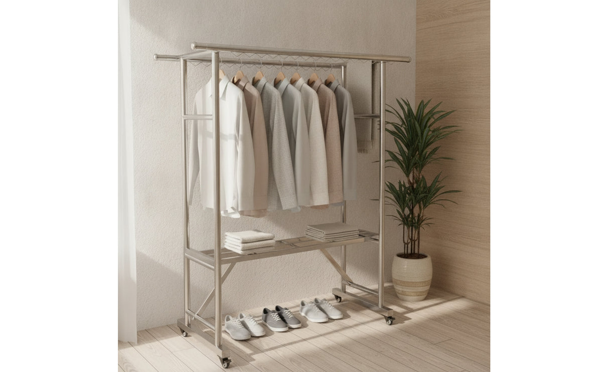Free Standing Rolling Clothes Rack with Shelf Heavy Duty Clothes Rack with Shelf Portable Double-Tier for Balcony