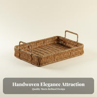 Japanese design aesthetic Round Woven Tray adaptable Round Woven Platter with Handles Natural visually pleasing Storage Basket perfect Gift for &beverage Lovers, Interior Decorators, homeowners, Kitchen, Living Room, Dining Table, Housewarming Party