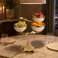 Three-Tier Fruit Tray Curved Arms Gold Metal Ornamental Pedestal Bowl Tray