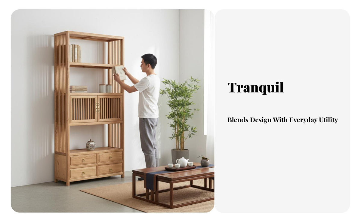 Serene-Inspired Design Chinese Curio Shelf With Storage Drawers Multi-Compartment Curio Stand long-lasting Construction display shelf Space-Saving for Tea aficionados, Collectors, Office Workers, Study Room, Bedroom, Entryway
