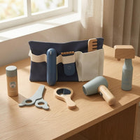 Textile Waist Bag Wooden Hairdressing Kit Adjustable Strap Wooden Hairdressing Playset Accessible Storage Pretend Barber Set Painted Finish