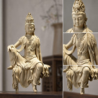 Seated Guanyin Sculpture Ornate Guanyin Figurine Carved Kuan Yin Figurine for Buddhists, Collectors, Meditation Corner, Tea Room, Entryway