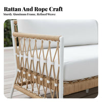 4 Pieces Nordic Design 4-Piece Rope Weave Chat Set Weather-withstandant Loveseat and Chair Set Water Garden Seating Group Easy to Clean for Families, partners, Homeowners, Sunroom, Patio, Balcony, Backyard