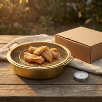 2 Pieces Two Handles Drain Basket and Plate Set Metal Rim Frying Drain Basket Gold-Tone Food Strainer Boxed Packaging