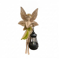 Outdoor Fairy Wall Sculpture Hanging Fairy Statue with Lantern Sculpted Ornament Waterproof for Patio, Porch