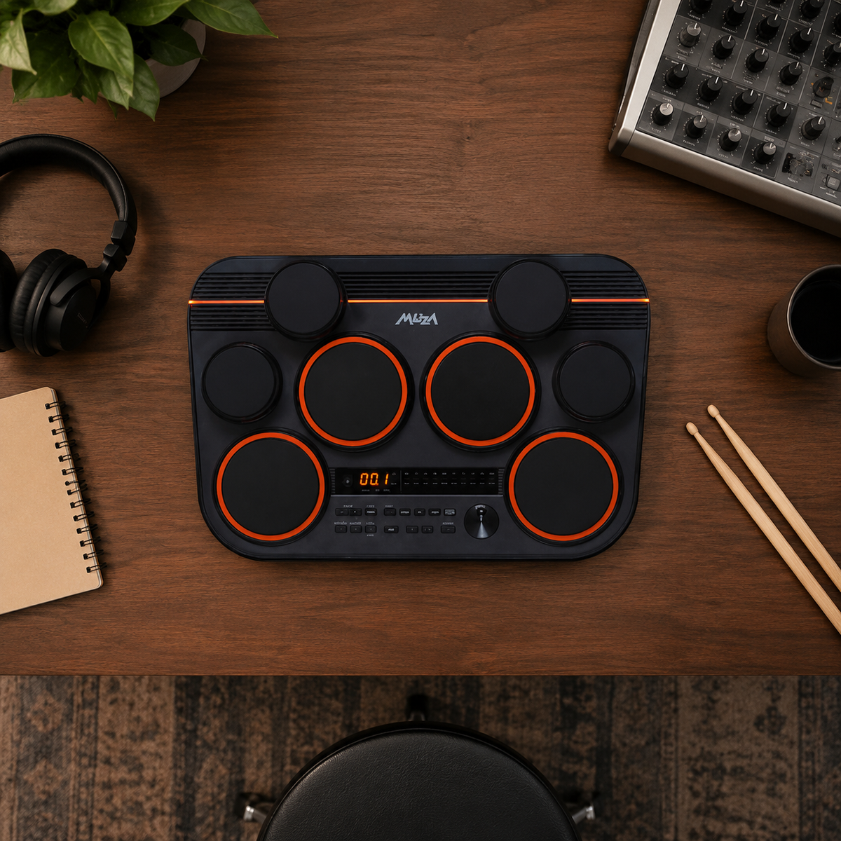 8-Pad Electronic Drum Percussion, Rubber Practice Pad Compatible with Mount, For Music Production & Home Practice