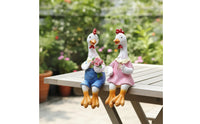 Farmhouse Chicken Couple Statues Seated Chicken Figurines with Overalls Cute Lawn Ornament Weather-Resistant for Gardeners, Balcony, Planter