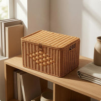 Natural Brown Imitation-Rattan Storage Box Rounded Edges Handmade Lidded Box Handle Openings Rectangular Storage Basket Handwoven