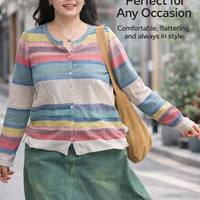 Cardigan for Women Plus Size with Button Front and Round Neck Design, Striped Knit Sweater for Spring Casual Wear, Loose Fit XXXL