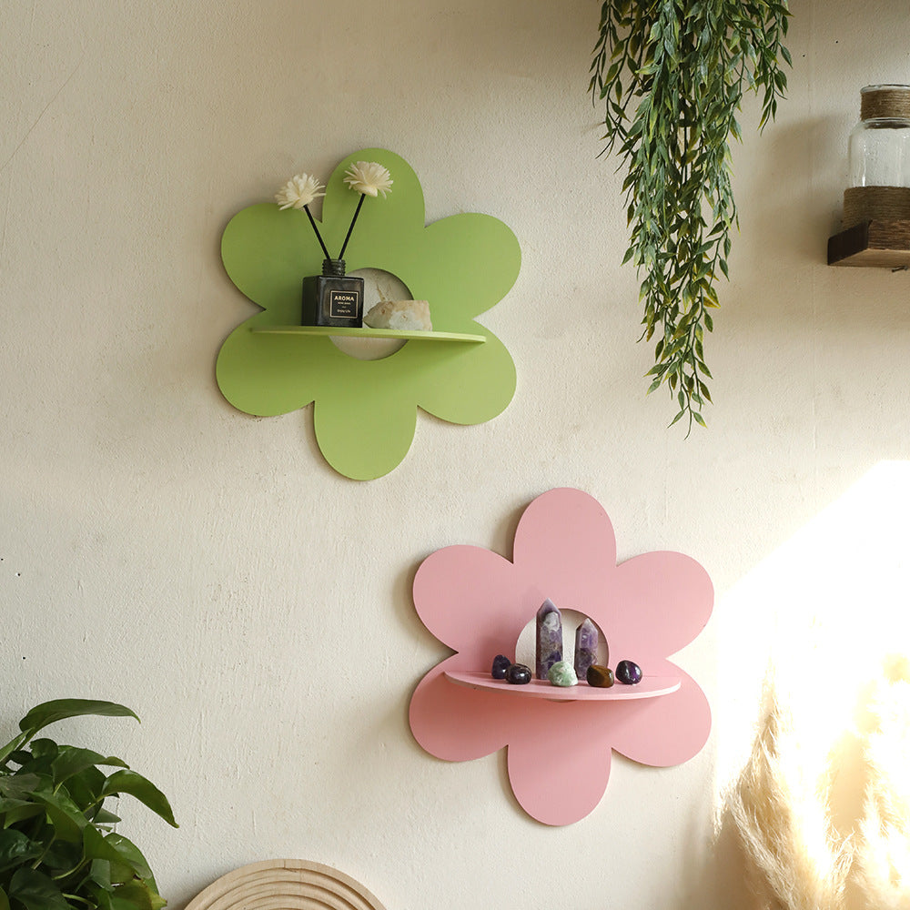 Wooden Flower-Shaped Wall Crystal Storage Shelf, Simple Homestay Hanging Decor