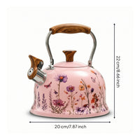 Floral Print Tea Kettle with Wood-Look Handle Food-Grade Tea Kettle with Wood Pattern Handle Loud Fast Heating for Homeowners