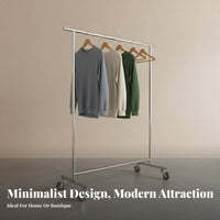Brushed Finish Stainless Steel Clothing Rack Rust Resistant Rolling Clothes Display Stand Modern Industrial Design Metal Garment Rack on Wheels Heavy Duty for Retail Shop Owners, Apartment Dwellers, Showroom, Dormitory, Bedroom, Living Room
