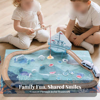 Sea-Life Ocean Track Toy Underwater Graphics Fishing Puzzle Playset Blue and Teal Wooden Train Track Set Modular Pieces for Kids