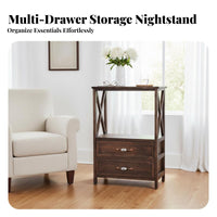 Farmhouse design End Table with Drawer and Basket Distressed Finish Nightstand Multi-Functional Bedside Cabinet space-saving Size for Homeowners, Apartment Dwellers, Small Spaces, Hallway, Entryway, Living Room