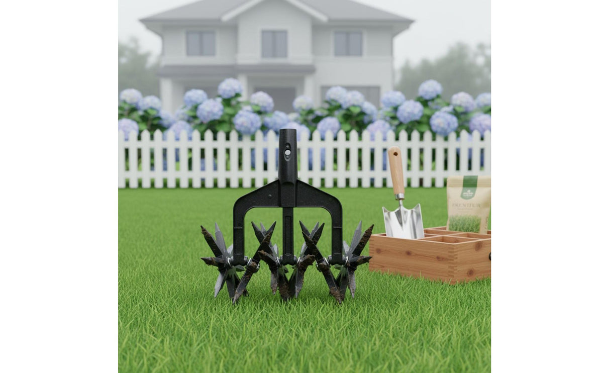 Deep Cultivation Rotary Cultivator Tool 2 in 1 Design Manual Garden Tiller Removable Middle Wheel Pointed Soil Loosener for Gardeners, Farmers, Farm, Yard