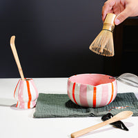Hand-Painted Striped Ceramic Matcha Tea Set with Whisk Accessory