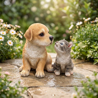 2 Pieces Puppy and Kitten Statue Outdoor Resin Garden Ornament Dog Statue Weatherproof Dog Figurine Hand-Painted for Pet Lovers