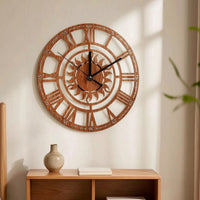 Wood-Grain Wooden Wall Clock Decorative Cutout Wall Clock Rustic Openwork for Entryway