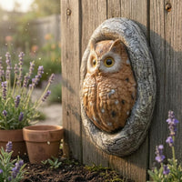 Feather-Textured Owl Wall Hanging Bark-Like Frame Resin Owl Ornament 3D Carved Details for Garden, Courtyard