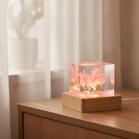 Whimsical Resin Night Light Warm Resin Cube Light Compact Lamp with Wooden Base Dreamy for Bedroom