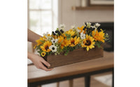 Helianthus Centerpiece with Wooden Planter Summer Floral Arrangement Decorative Decor for Shelf