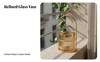 Metal Frame Vase Holder Detachable Design Glass Vase with Metal Stand Versatile Ribbed Glass Flower Pot for Office Desk, Wedding Centerpiece