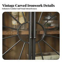 Multi-Functional Carved Door Storage Cabinet Metal Frame Accents Rustic Carved Wood Cabinet Farmhouse Accent Chest for Guesthouse Owners, Interior Decorators, Apartment Dwellers, Dining Room, Bedroom, Entryway, Hallway