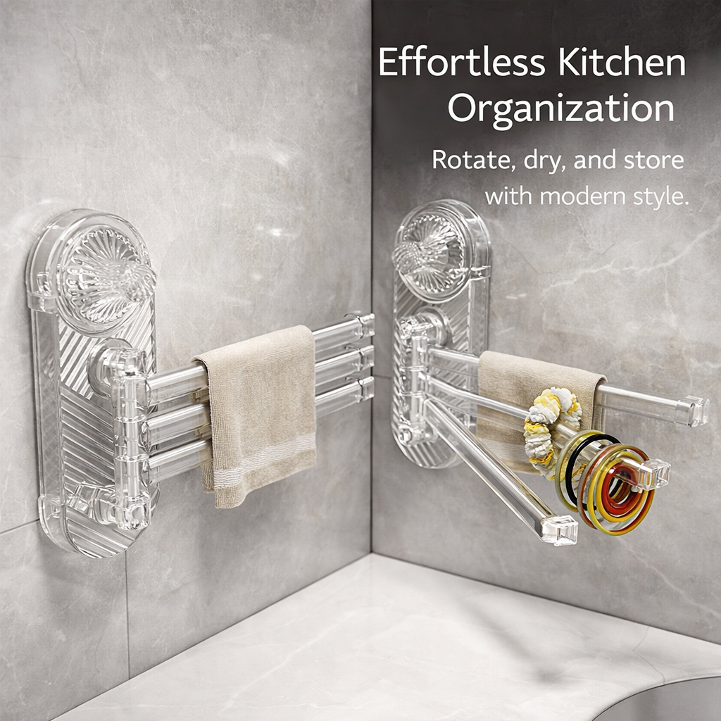 Cabinet and Sink Drain Rack with Rotating Suction Cup Kitchen Rag Holder, Wall-Mounted Dish Cloth for General Organization