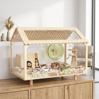 Acrylic Hamster Cage Villa with Mixed Color Wood Landscape and Acrylic Window, Transparent Hamster Cage with Openable Top for Winter Heating Lamp