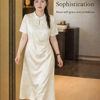 Chinese Dress Midi for Women with Three Quarter Puff Sleeves, Embroidered Cheongsam Qipao for Wedding Guest, Satin Jacquard Formal Occasion