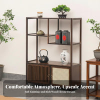 Traditional design Bamboo Tea Console adaptable Use Multi-Compartment Display Rack Space-Saving Storage Furniture Cabinet with Door for Collectors, Homeowners, Living Room, Study, Office, Kitchen