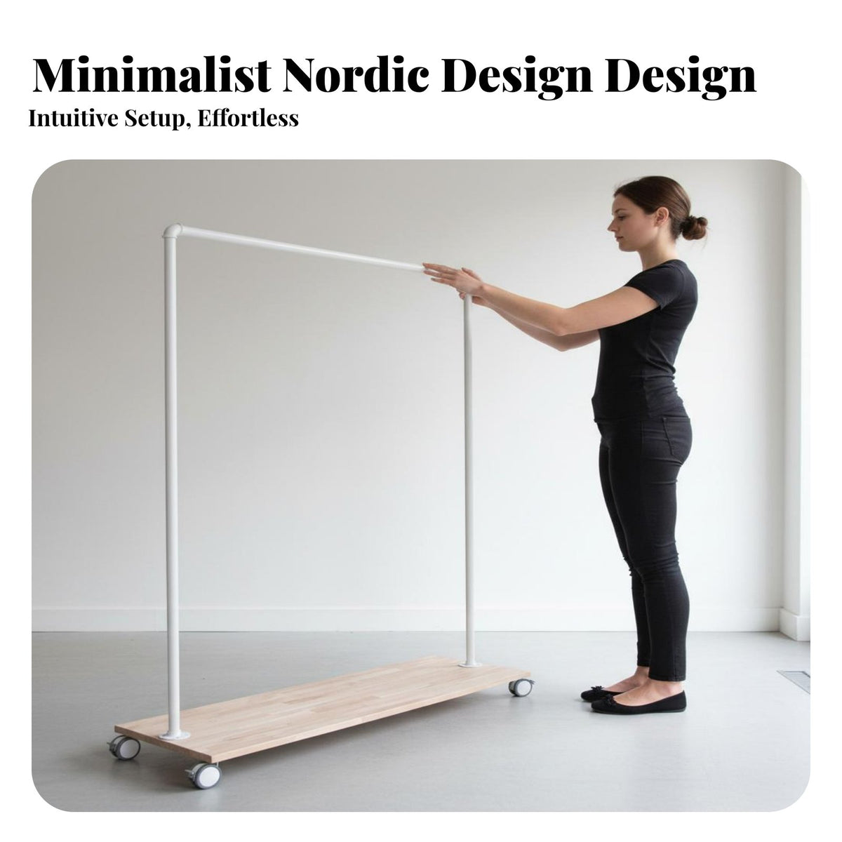 Rolling Garment Rack Nordic Design Clothes Rack with Wood Shelf Minimalist Design Standing Clothing Rail for Homeowners, Renters, Bedroom, Entryway