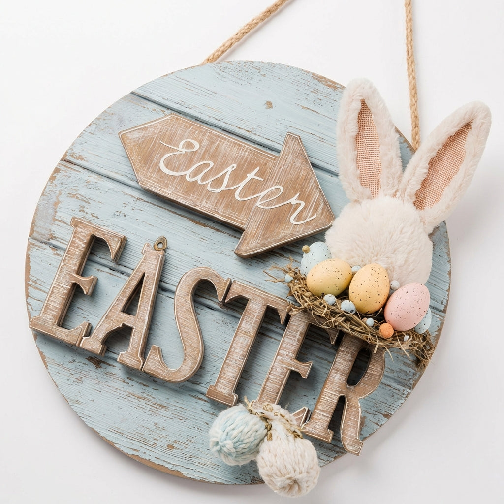Easter Decoration, Easter Bunny Door Hanger Rustic Charm Easter Door Hanger Farmhouse Design Round Bunny Wall Decor for Homeowners, Family, Home Entrance, Entryway