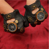 Gold-Tone Gear Details Steampunk Fingerless Gloves Compass Dial Black Leather Fingerless Gloves Textured Finish