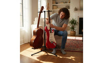 Stable Tripod Base Double Guitar Floor Stand Foldable Design Double Guitar Stand Adjustable Height Musical Instrument Accessory Padded Yokes for Guitarists, Musicians, Home Studio, Practice Room, Stage