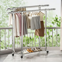 Clothes Rack with Shoe Shelf Extendable Double Rail Clothes Rack Heavy Duty for Bedroom, Laundry Room, Balcony