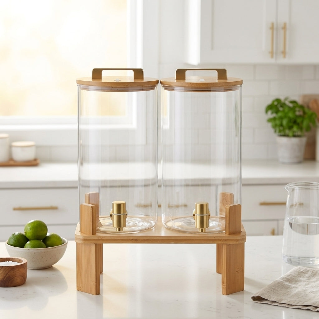 Water Dispenser and Beverage Dispenser with Metal Tap, High Borosilicate Glass Drink Dispenser with Tap and Bamboo Stand for Party Drink Use