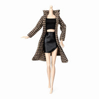 Houndstooth Doll Coat with Skirt Faux Leather Fashion Doll Clothes Miniature High-Quality for Children