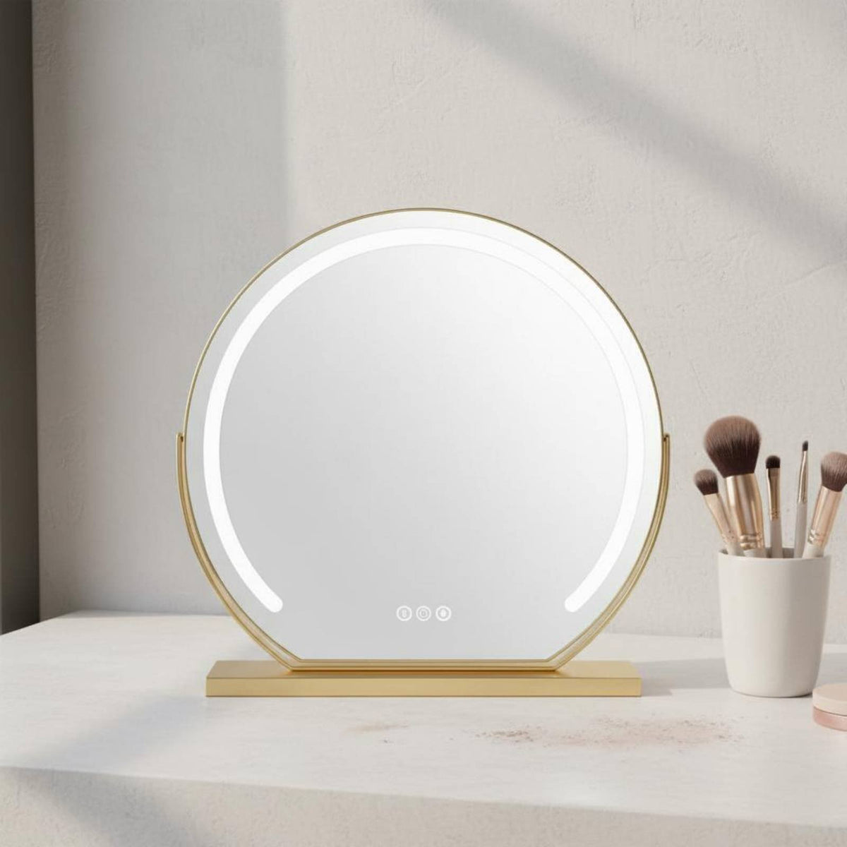 Desktop Vanity Mirror with LED Lights, Large Makeup Mirror, Press Control, Nordic