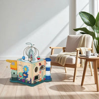 Ocean-Themed Wooden Activity Cube Educational Activity Cube with Bead Maze Compact Motor Skills Toy Developmental for Toddlers, Babies, Kids, Playroom, Daycare, Preschool